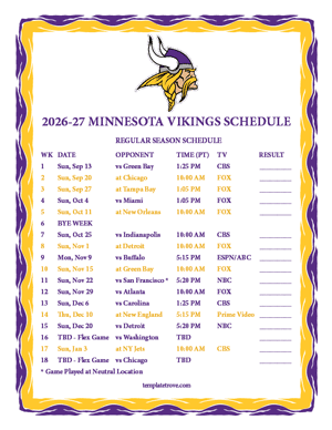 Minnesota Vikings 2026-27
Printable Schedule - Pacific Times