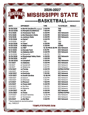 Mississippi State Bulldogs Basketball 2026-27 Printable Schedule - Central Times