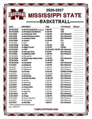 Mississippi State Bulldogs Basketball 2026-27 Printable Schedule - Pacific Times