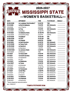 2024-25 Printable Mississippi State Bulldogs Women's Basketball Schedule