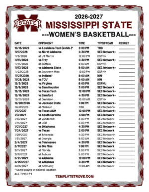 Mississippi State Bulldogs women's basketball 2026-27 Printable Schedule - Pacific Times