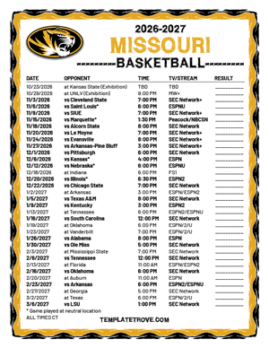 Missouri Tigers Basketball 2026-27 Printable Schedule - Central Times