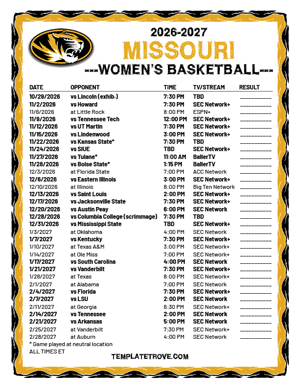 2024-25 Printable Missouri Tigers Women's Basketball Schedule