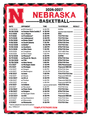 Nebraska Cornhuskers Basketball 2026-27 Printable Schedule - Central Times
