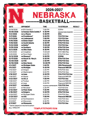 Nebraska Cornhuskers Basketball 2026-27 Printable Schedule - Mountain Times