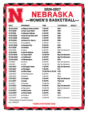 2024-25 Printable Nebraska Cornhuskers Women's Basketball Schedule