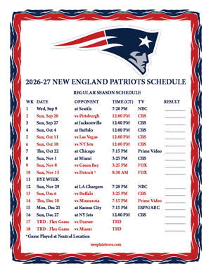 New England Patriots 2026-27
 Printable Schedule - Central Times