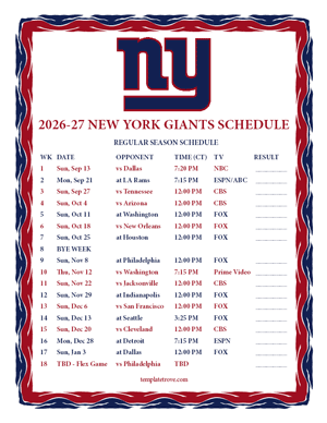 New York Giants 2026-27
 Printable Schedule - Central Times