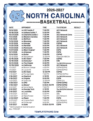 2024-25 Printable North Carolina Tarheels Basketball Schedule