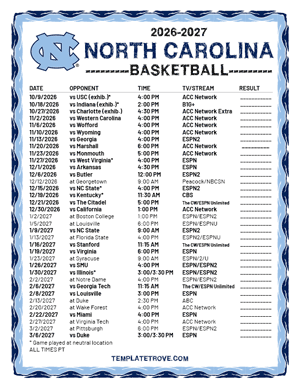 North Carolina Tarheels Basketball 2026-27 Printable Schedule - Pacific Times