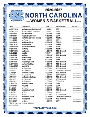 2025-26 Printable North Carolina Tarheels Women's Basketball Schedule