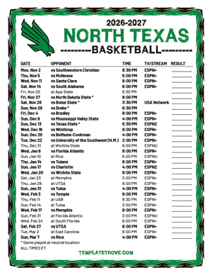 2024-25 Printable North Texas Mean Green Basketball Schedule