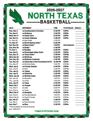 North Texas Mean Green Basketball 2026-27 Printable Schedule - Mountain Times