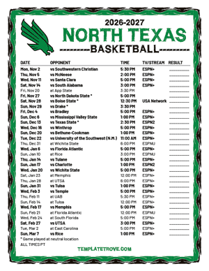 North Texas Mean Green Basketball 2026-27 Printable Schedule - Pacific Times