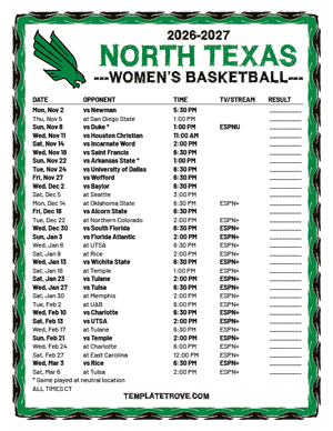 North Texas Mean Green women's basketball 2026-27 Printable Schedule - Central Times