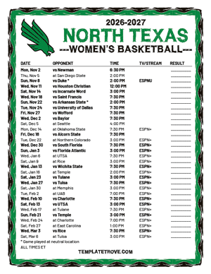 2024-25 Printable North Texas Mean Green Women's Basketball Schedule
