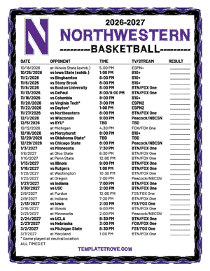 2024-25 Printable Northwestern Wildcats Basketball Schedule