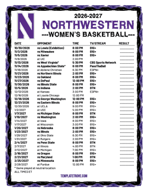 2024-25 Printable Northwestern Wildcats Women's Basketball Schedule