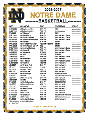 Notre Dame Fighting Irish Basketball 2026-27 Printable Schedule - Central Times