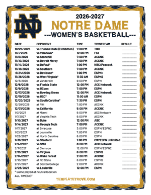 2025-26 Printable Notre Dame Fighting Irish Women's Basketball Schedule