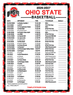 Ohio State Buckeyes Basketball 2026-27 Printable Schedule - Pacific Times