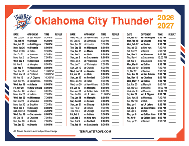 Oklahoma City Thunder 2026-27 Printable Schedule