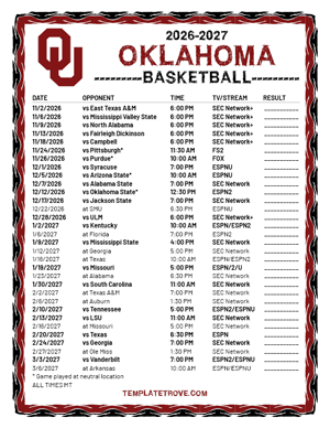 Oklahoma Sooners Basketball 2026-27 Printable Schedule - Mountain Times