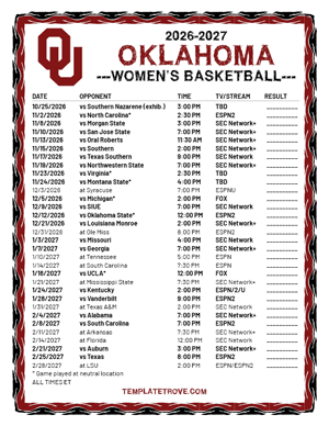 2024-25 Printable Oklahoma Sooners Women's Basketball Schedule