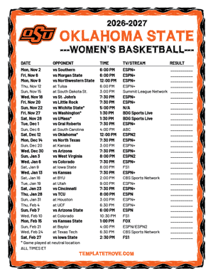 2024-25 Printable Oklahoma State Cowgirls Women's Basketball Schedule
