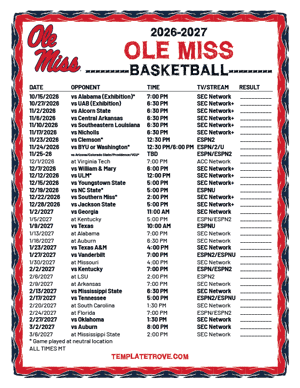 Ole Miss Rebels Basketball 2026-27 Printable Schedule - Mountain Times