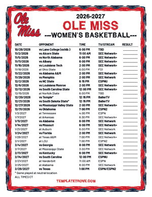 Ole Miss Rebels women's basketball 2026-27 Printable Schedule - Central Times