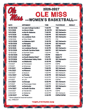 2024-25 Printable Ole Miss Rebels Women's Basketball Schedule