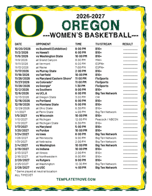 2024-25 Printable Oregon Ducks Women's Basketball Schedule