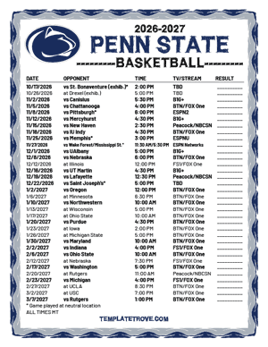 Penn State Nittany Lions Basketball 2026-27 Printable Schedule - Mountain Times