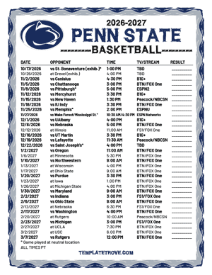 Penn State Nittany Lions Basketball 2026-27 Printable Schedule - Pacific Times