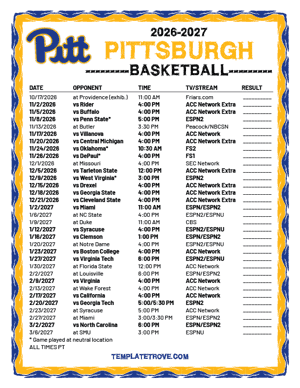 Pittsburgh Panthers Basketball 2026-27 Printable Schedule - Pacific Times