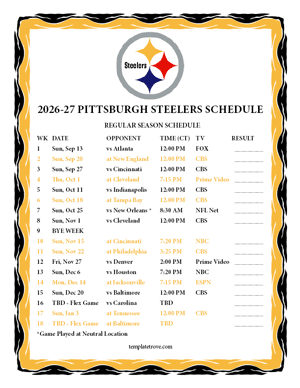 Pittsburgh Steelers 2026-27
Printable Schedule - Central Times