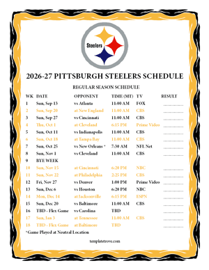 Pittsburgh Steelers 2026-27
Printable Schedule - Mountain Times