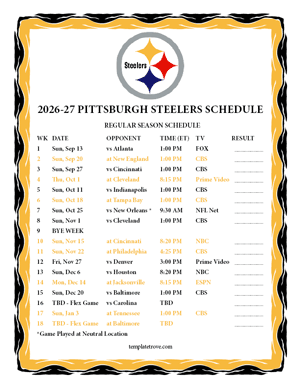Pittsburgh Steelers 2026-27
Printable Schedule