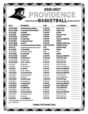 2024-25 Printable Providence Friars Basketball Schedule