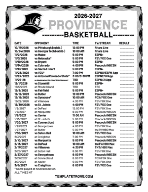 Providence Friars Basketball 2026-27 Printable Schedule - Mountain Times