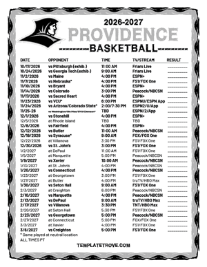 Providence Friars Basketball 2026-27 Printable Schedule - Pacific Times