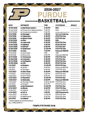 2024-25 Printable Purdue Boilermakers Basketball Schedule