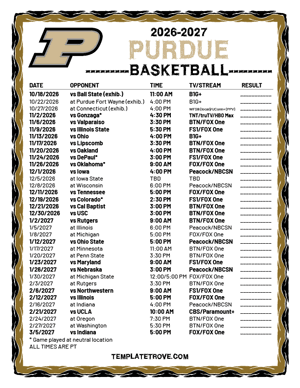 Purdue Boilermakers Basketball 2026-27 Printable Schedule - Pacific Times