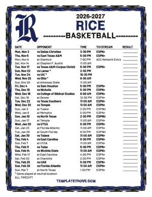 Rice Owls Basketball 2026-27 Printable Schedule - Pacific Times