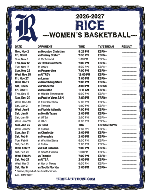 Rice Owls women's basketball 2026-27 Printable Schedule - Central Times