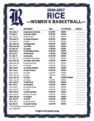 2024-25 Printable Rice Owls Women's Basketball Schedule