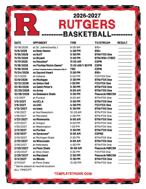 Rutgers Scarlet Knights Basketball 2026-27 Printable Schedule - Pacific Times