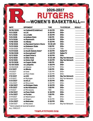 Rutgers Scarlet Knights Women's Basketball 2026-27 Printable Schedule - Central Times