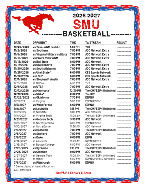 SMU Mustangs Basketball 2026-27 Printable Schedule - Central Times